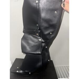 EUSIBB Women’s Black Studded High Heel Boots Faux Leather Fashion Knee